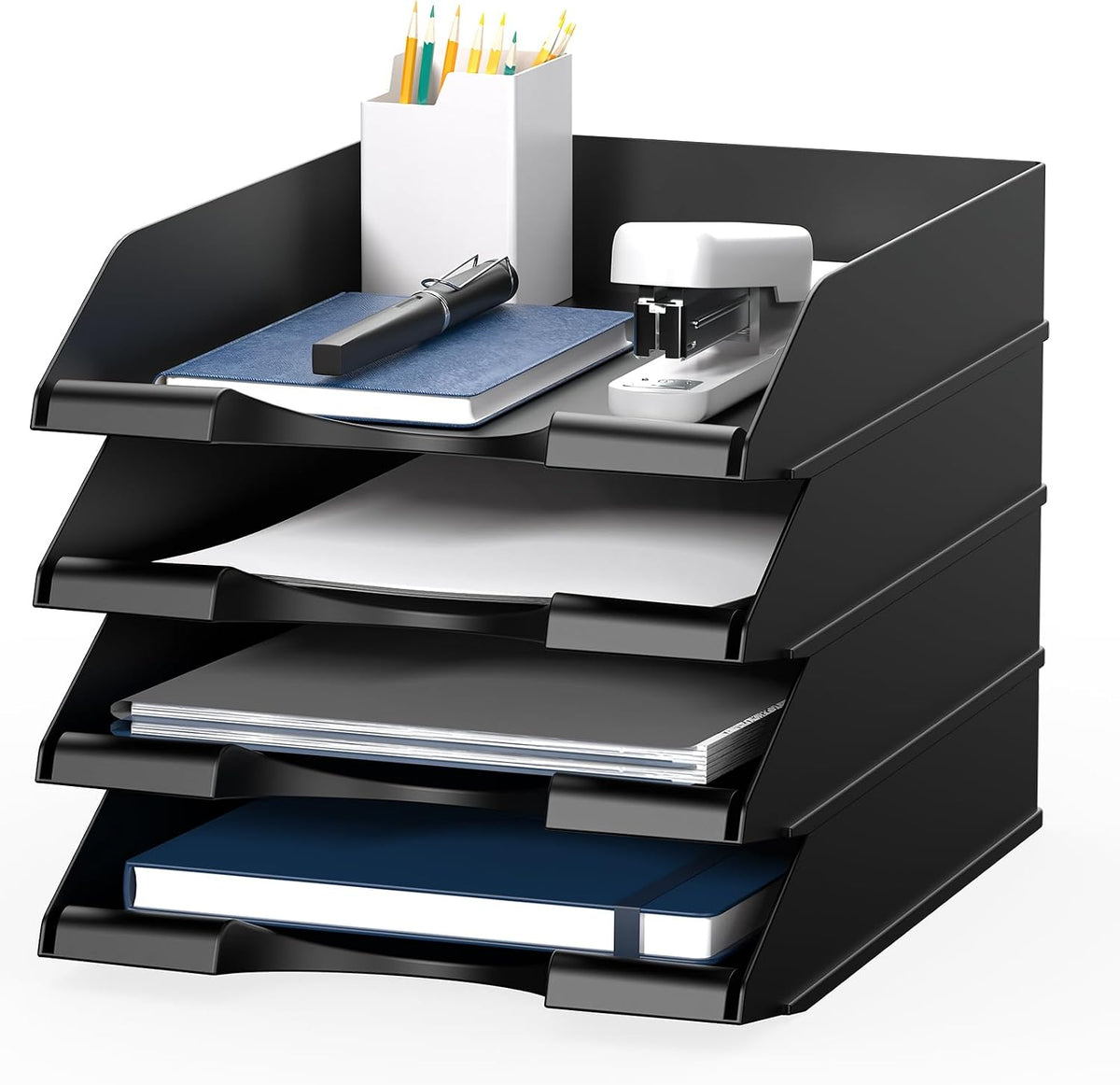 4 Pack Stackable Paper Trays for Letter Documents, Desktop File Organizers for Office Supplies, Stackable Desk Tray Holder for Paper Storage, Black