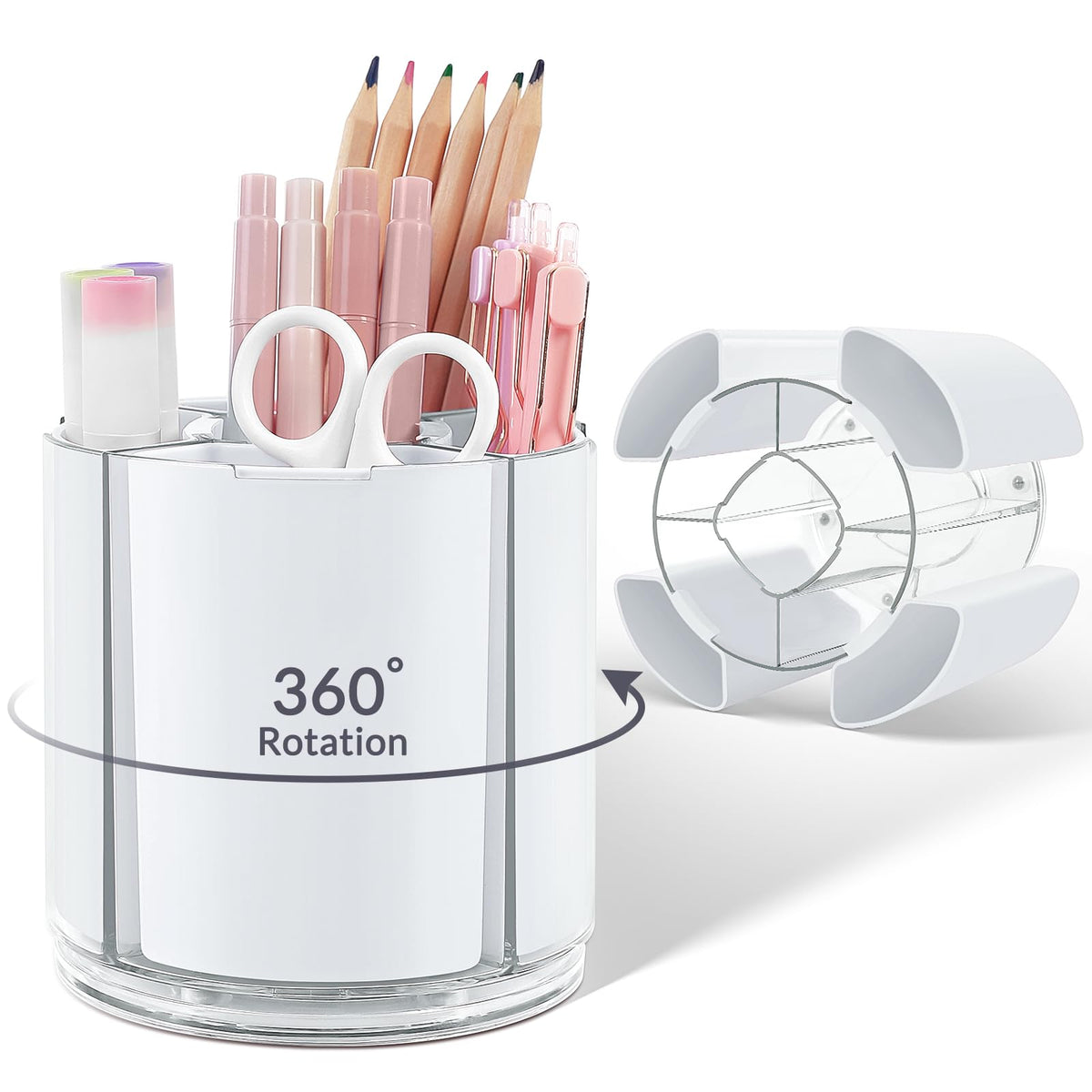 KONVINIT Pink Pen Holder for Desk, 5 Slots 360° Rotating Pen Organizer, Cute Desk Organizers and Accessories for School, Home, Office and Art Supply