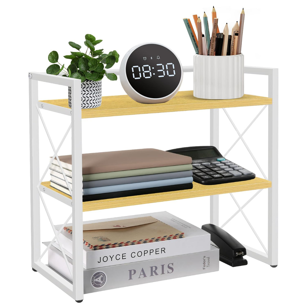 YINMIT Desktop Shelf Organizer, 2 Tier Office Shelves, Wood Desk Organizer Storage Rack and Freestanding Display Shelf for Office, Dormitory, Home