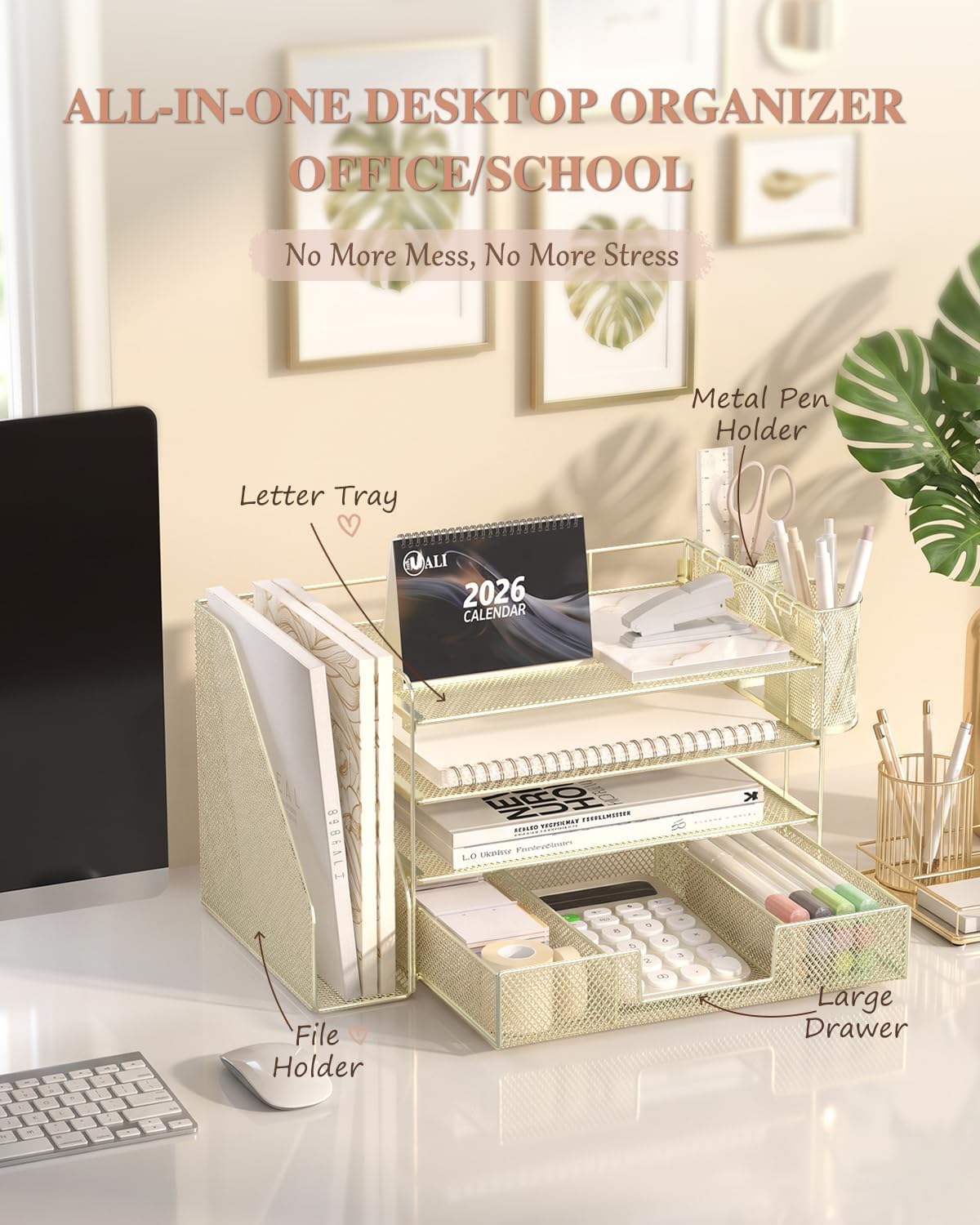 WALI Desk File Organizer, 4 Tier Desktop Paper Letter Tray Organizer with Drawer and 2 Pen Holders, Office Desk Accessories & Workspace Organizers for Office, Home, School Supplies, 1 Pack, Gold