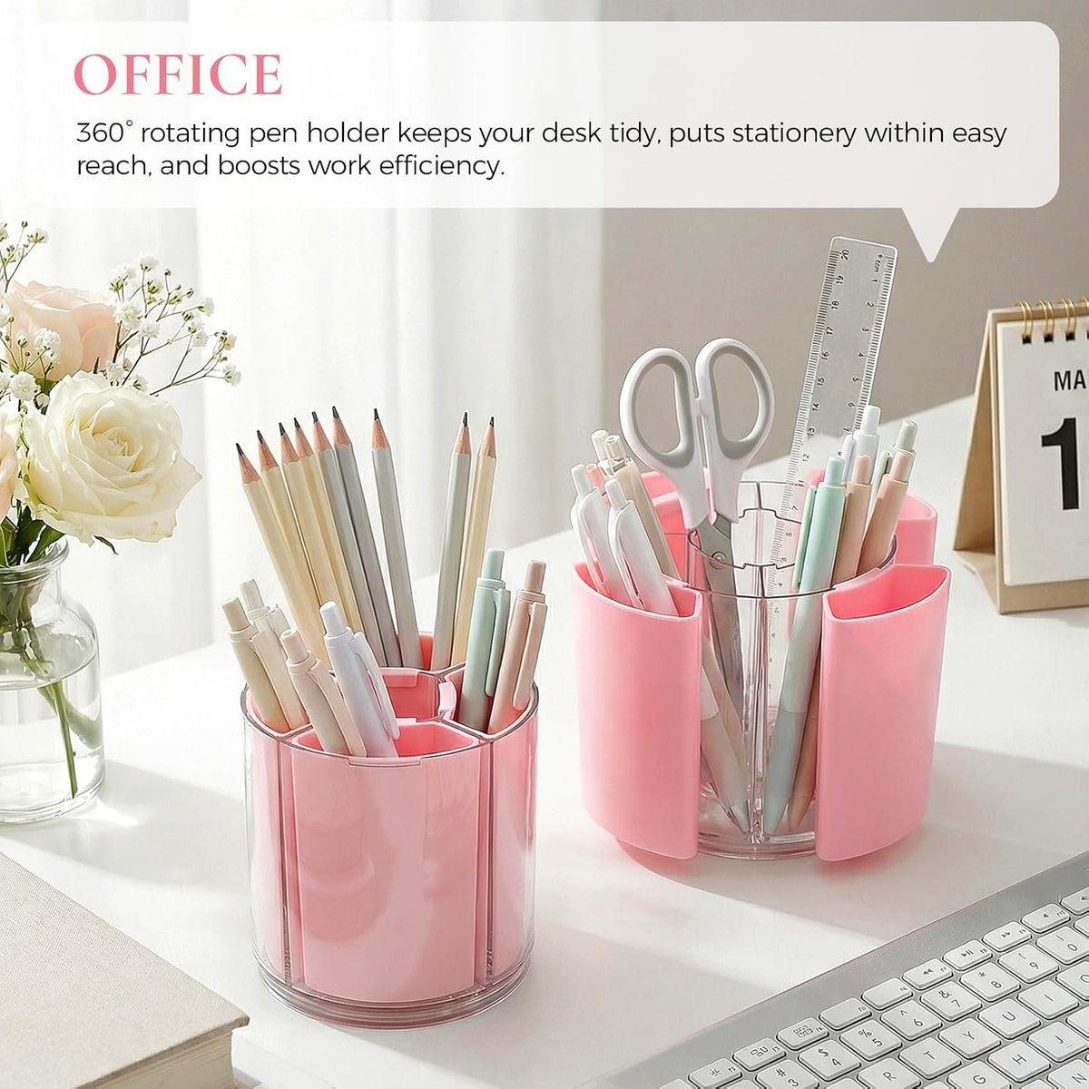 KONVINIT Pink Pen Holder for Desk, 5 Slots 360° Rotating Pen Organizer, Cute Desk Organizers and Accessories for School, Home, Office and Art Supply