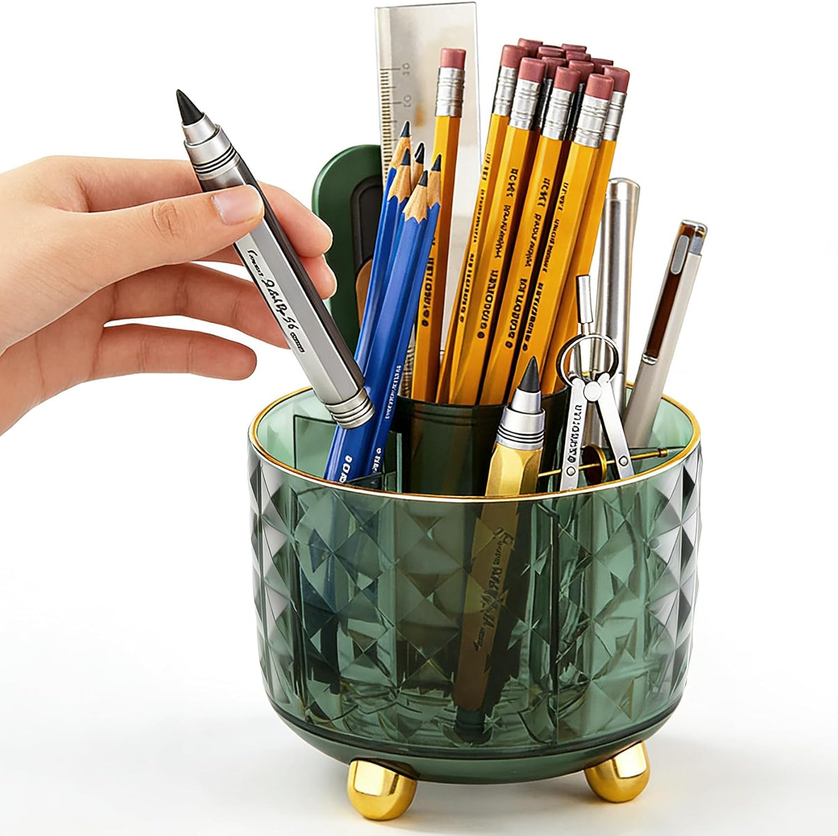 GOTOBA Dark Green Pen Pencil Holder for Desk, 360° Rotating Pen Organizer, Green Office Supplies, Cute Pen Holder, 6-Compartment Pencil Holder Rotating