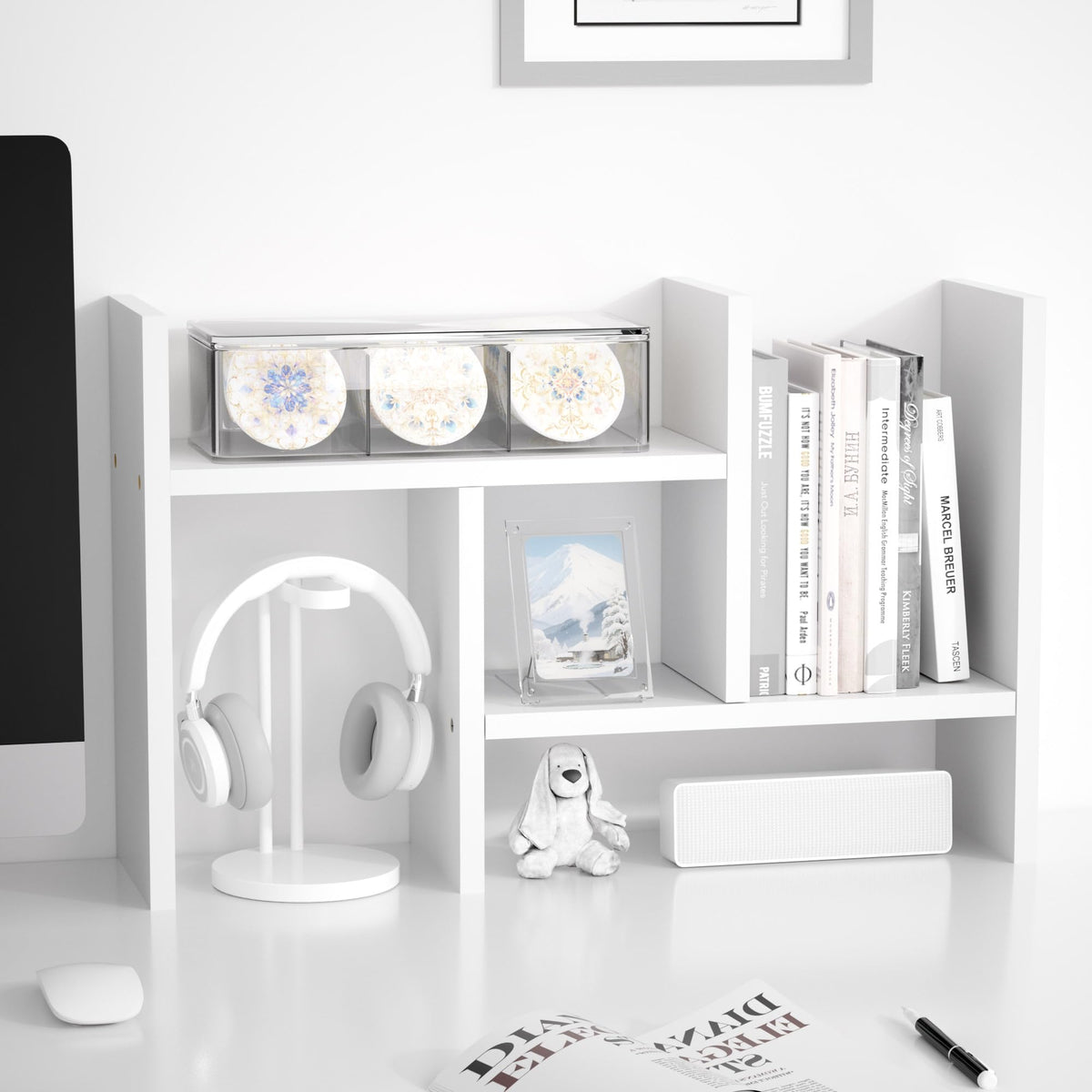 Jerry & Maggie Desktop Organizer Office Storage Rack Adjustable Wood Display Shelf Free Style Double H, Multi-Functional Mini Bookshelf for Desk Natural Stand (White)
