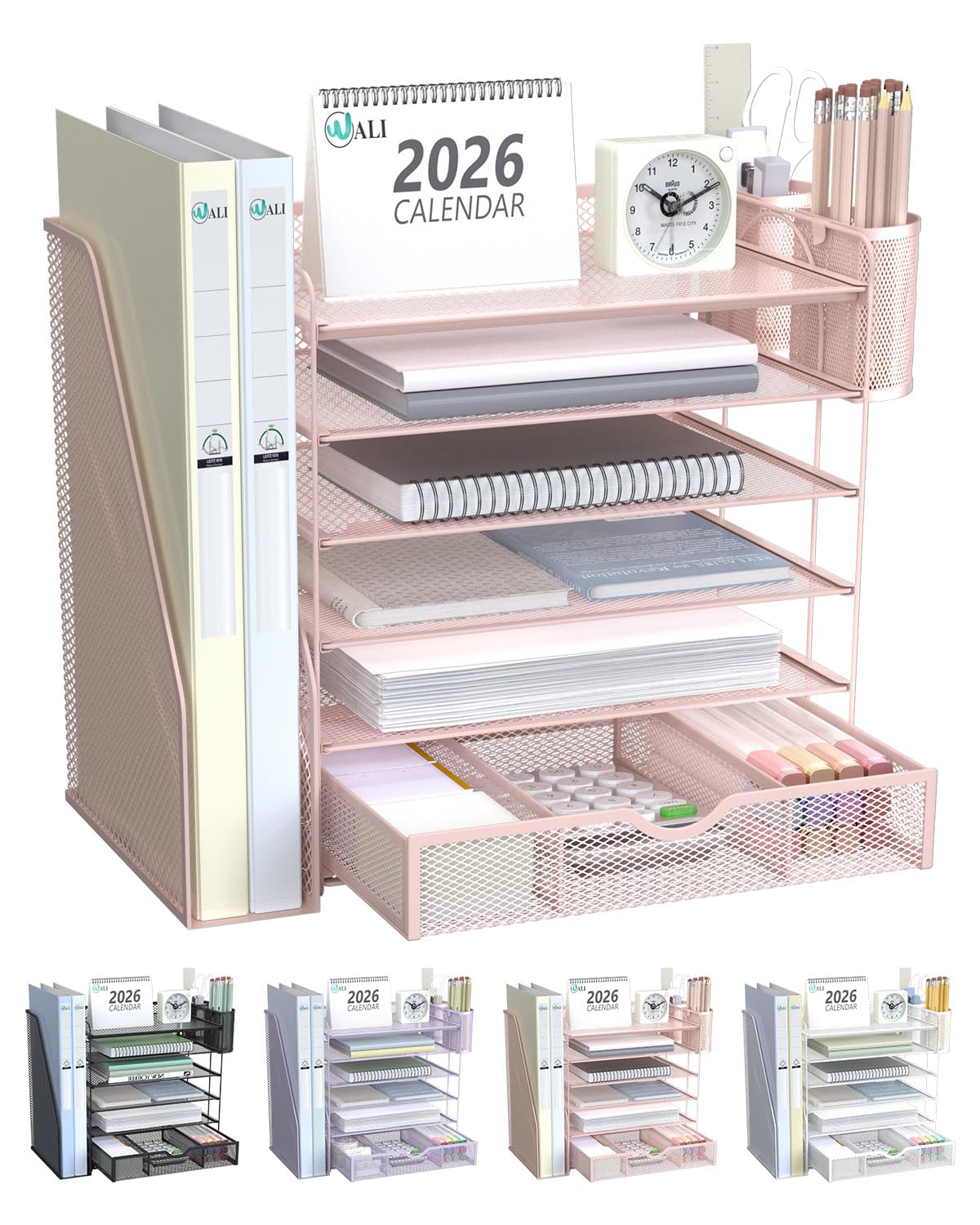 WALI Desk File Organizer, 4 Tier Desktop Paper Letter Tray Organizer with Drawer and 2 Pen Holders, Office Desk Accessories & Workspace Organizers for Office, Home Supplies(DO005DH-P), 1 Pack, Pink