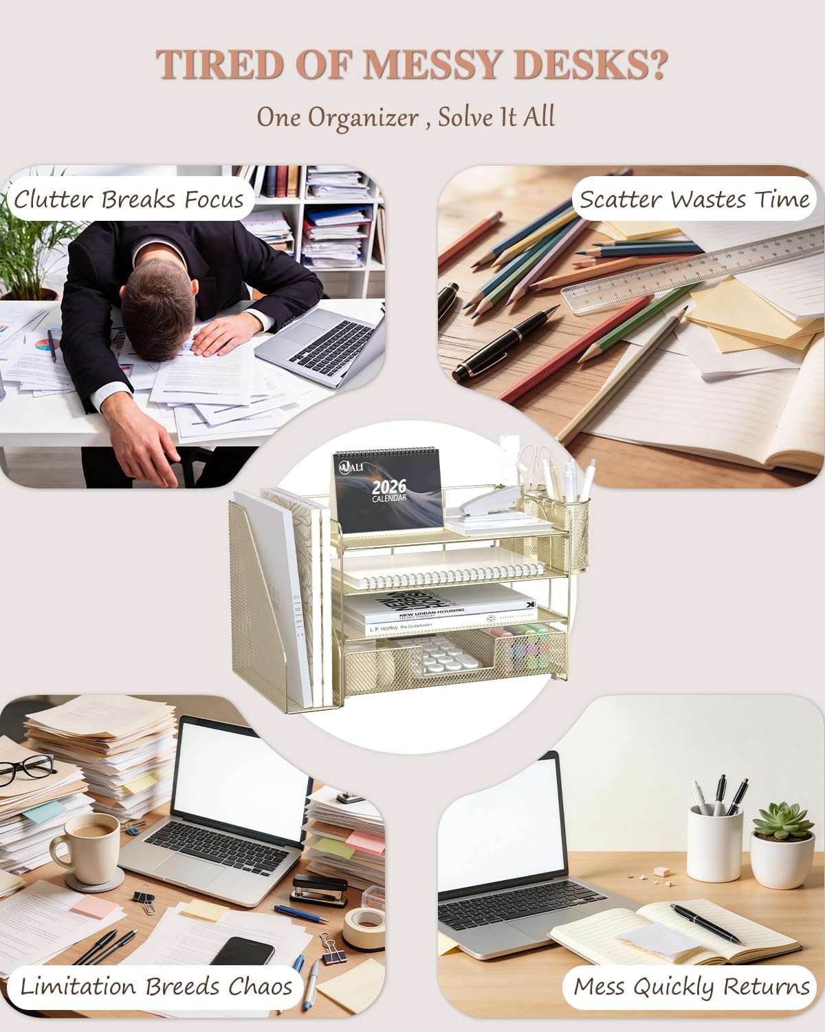WALI Desk File Organizer, 4 Tier Desktop Paper Letter Tray Organizer with Drawer and 2 Pen Holders, Office Desk Accessories & Workspace Organizers for Office, Home, School Supplies, 1 Pack, Gold