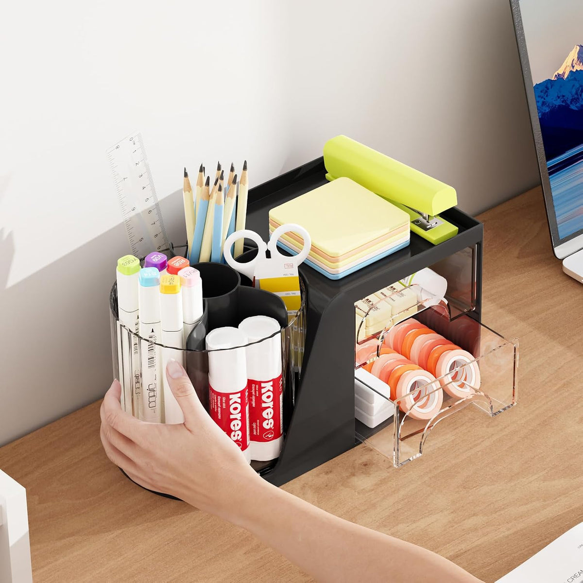 Marbrasse Desk Organizer with 2 Drawer, 360°Rotating Pen Holder, Desk Organizers and Accessories with 6 Slots Pencil Holder + 2 Drawer, Art Supply Storage Box Caddy for Office (Black)