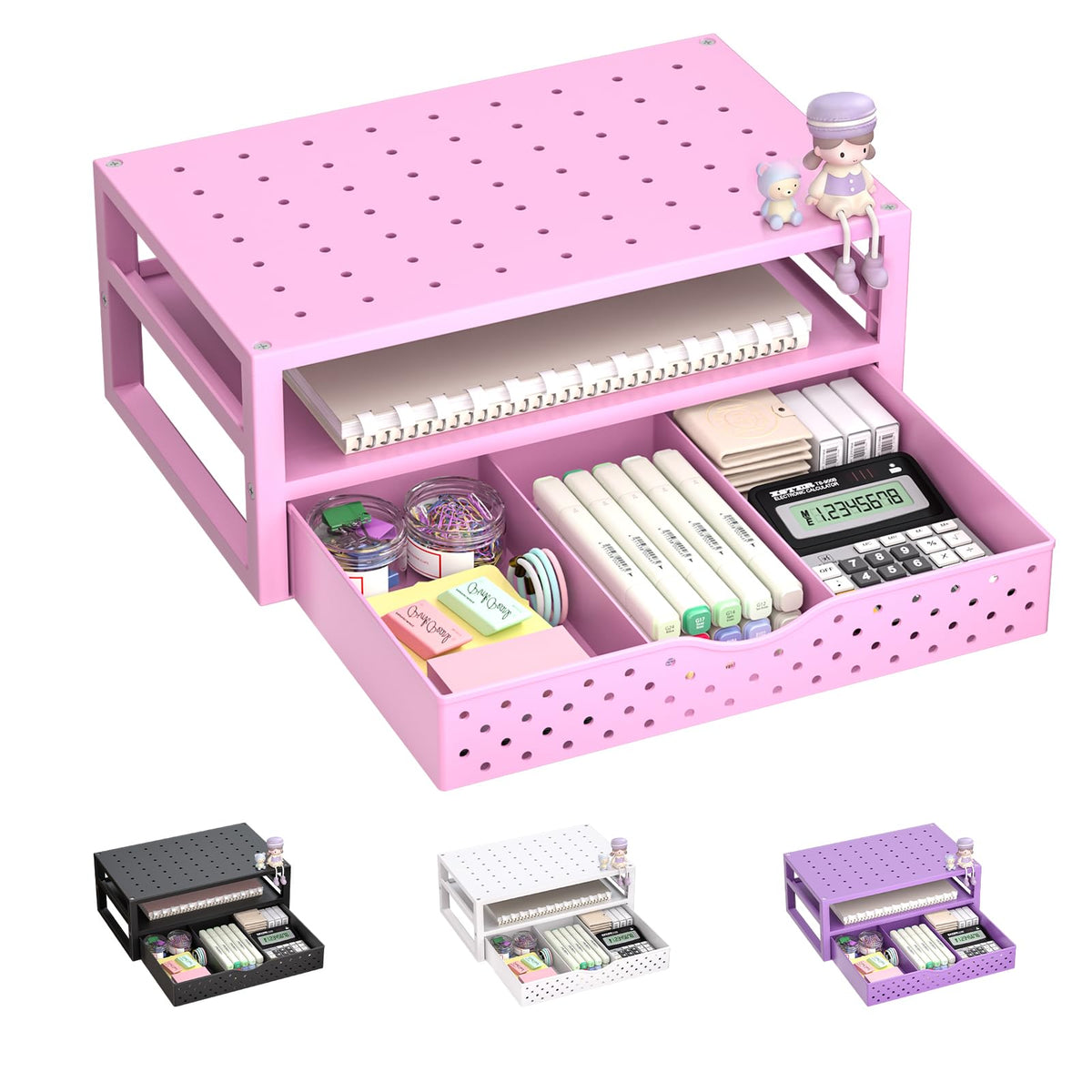 WALI Desk File Organizer, 4 Tier Desktop Paper Letter Tray Organizer with Drawer and 2 Pen Holders, Office Desk Accessories & Workspace Organizers for Office, Home Supplies(DO005DH-P), 1 Pack, Pink