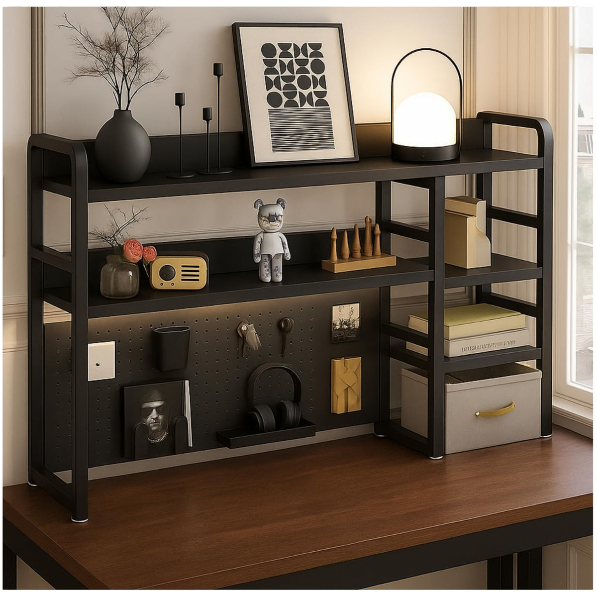Desktop Bookshelf, pegboard Storage and Organization Rack, Dorm Desk Shelf, Desk Hutch, Desktop Storage for Office, Study, Student Display Rack,Desktop Shelves (Black+Walnut 37.4" Lx9.9 Wx37 H)