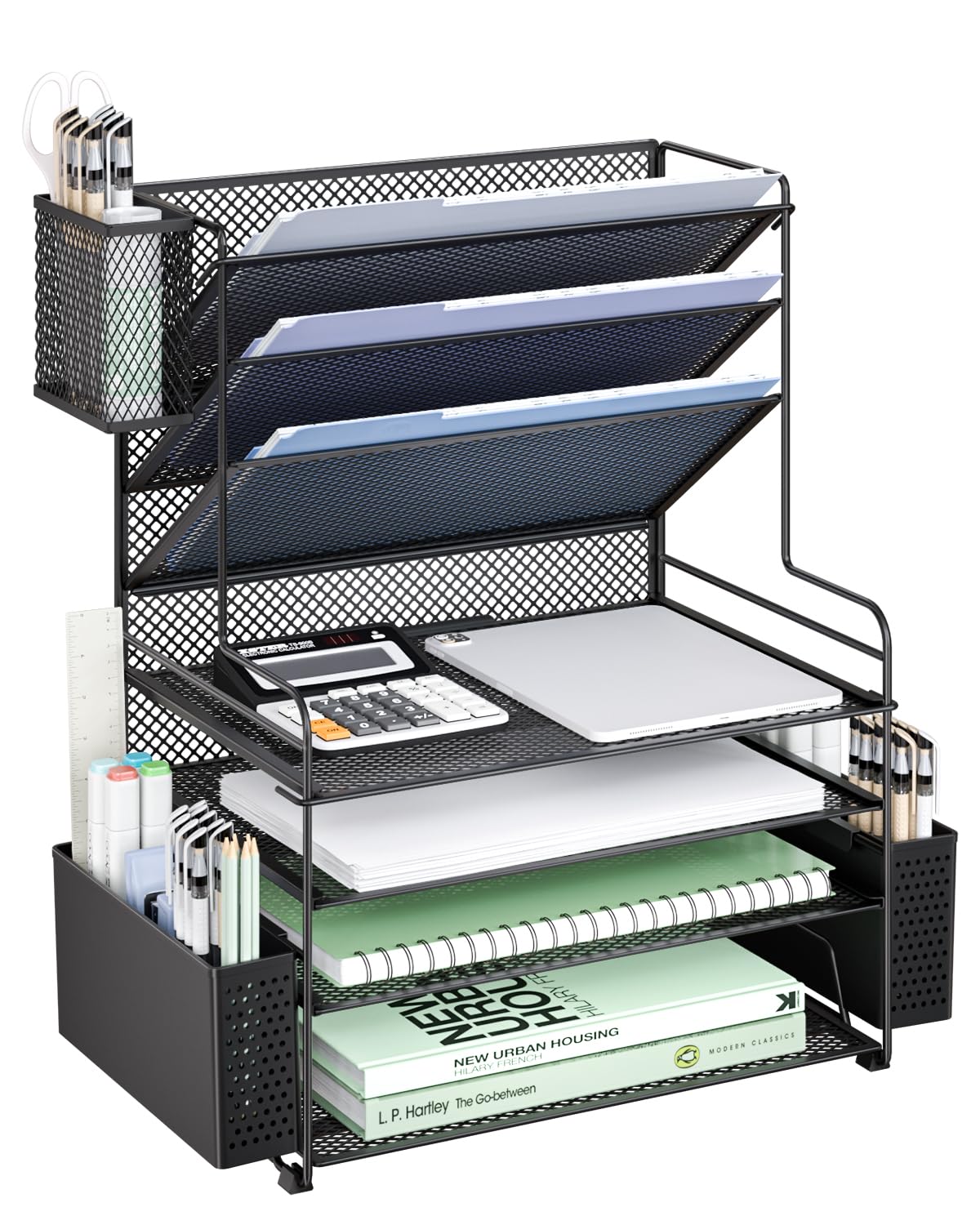 WALI Desk File Organizer, 4 Tier Desktop Paper Letter Tray Organizer with Drawer and 2 Pen Holders, Office Desk Accessories & Workspace Organizers for Office, Home, School Supplies, 1 Pack, Gold