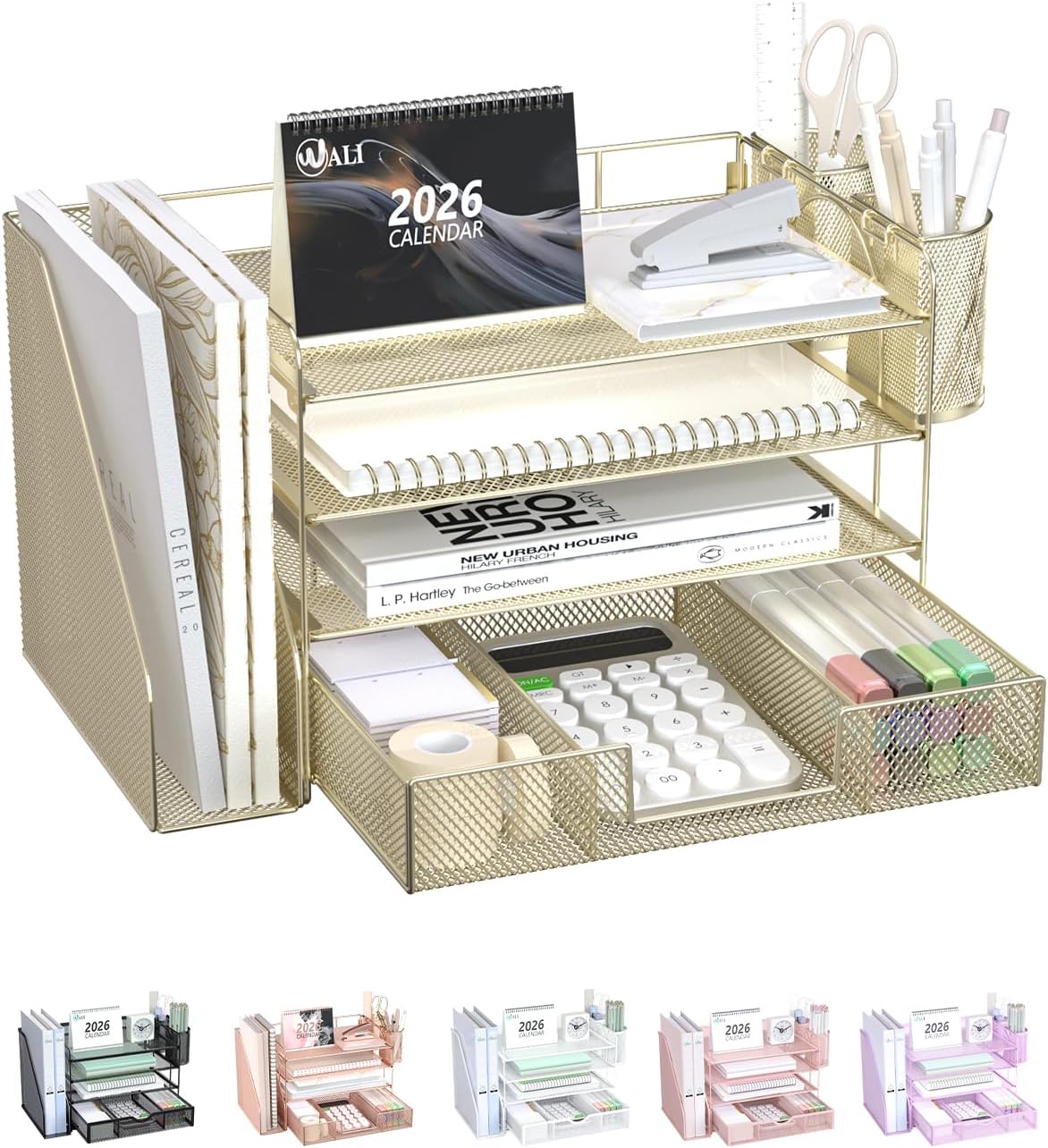 WALI Desk File Organizer, 4 Tier Desktop Paper Letter Tray Organizer with Drawer and 2 Pen Holders, Office Desk Accessories & Workspace Organizers for Office, Home, School Supplies, 1 Pack, Gold