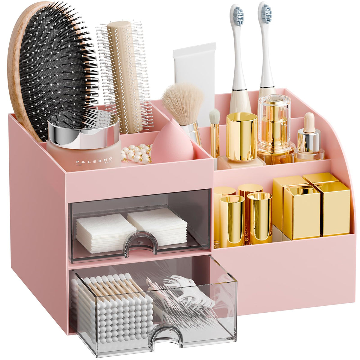 Makeup Organizer with 2 Drawers, Makeup Organizers Countertop for Vanity and Bathroom, Make up organization and Skincare Storage with Brush Holder, for Dresser, Desktop, Cosmetic Display Case (White)
