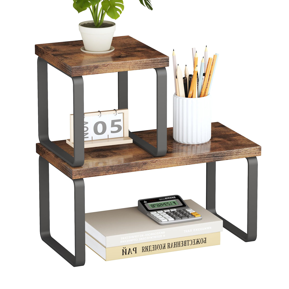 Homeiju Wooden Desktop Shelf for Top of Desk, 2-Tier Desktop Bookshelf