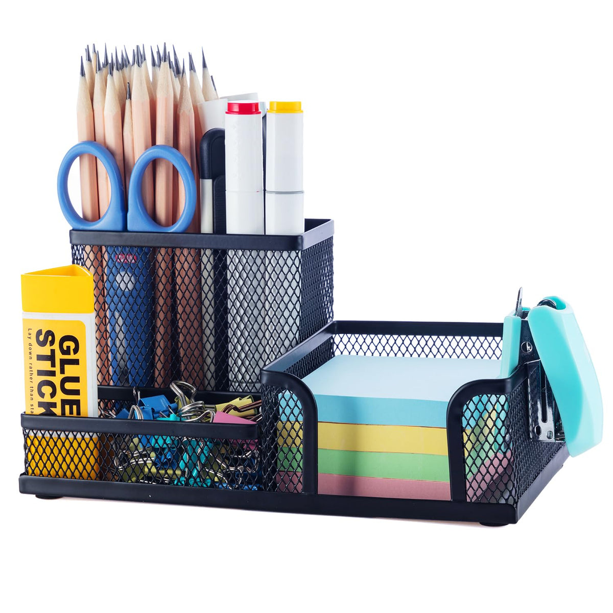 M&G Mesh Pen Holder Desk Organizers Pencil Holder for Desk Black, 3 Compartments Metal Office Supply Organizer with Sticky Notes Holder for School Home Office