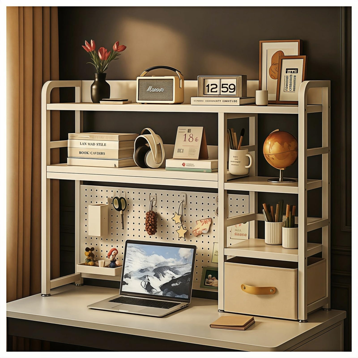 Desktop Bookshelf, pegboard Storage and Organization Rack, Dorm Desk Shelf, Desk Hutch, Desktop Storage for Office, Study, Student Display Rack,Desktop Shelves (Black+Walnut 37.4" Lx9.9 Wx37 H)