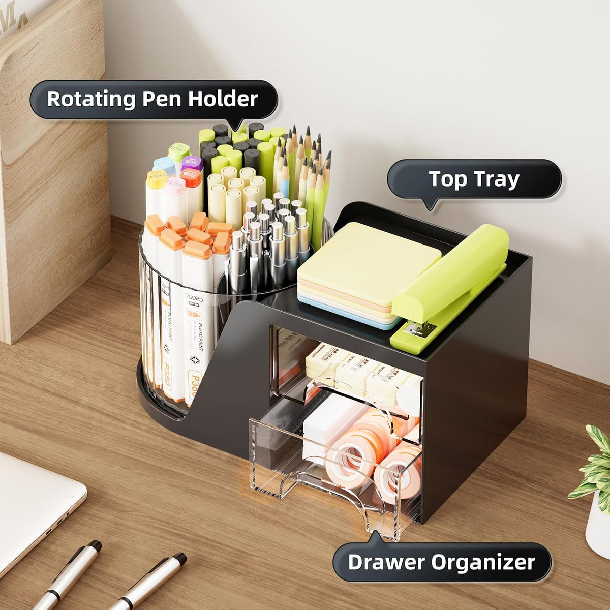 Marbrasse Desk Organizer with 2 Drawer, 360°Rotating Pen Holder, Desk Organizers and Accessories with 6 Slots Pencil Holder + 2 Drawer, Art Supply Storage Box Caddy for Office (Black)