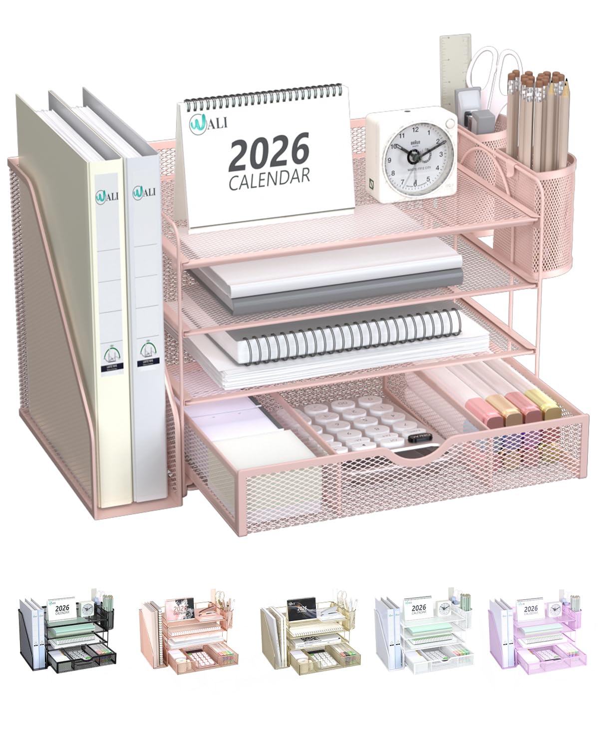 WALI Desk File Organizer, 4 Tier Desktop Paper Letter Tray Organizer with Drawer and 2 Pen Holders, Office Desk Accessories & Workspace Organizers for Office, Home, School Supplies, 1 Pack, Gold