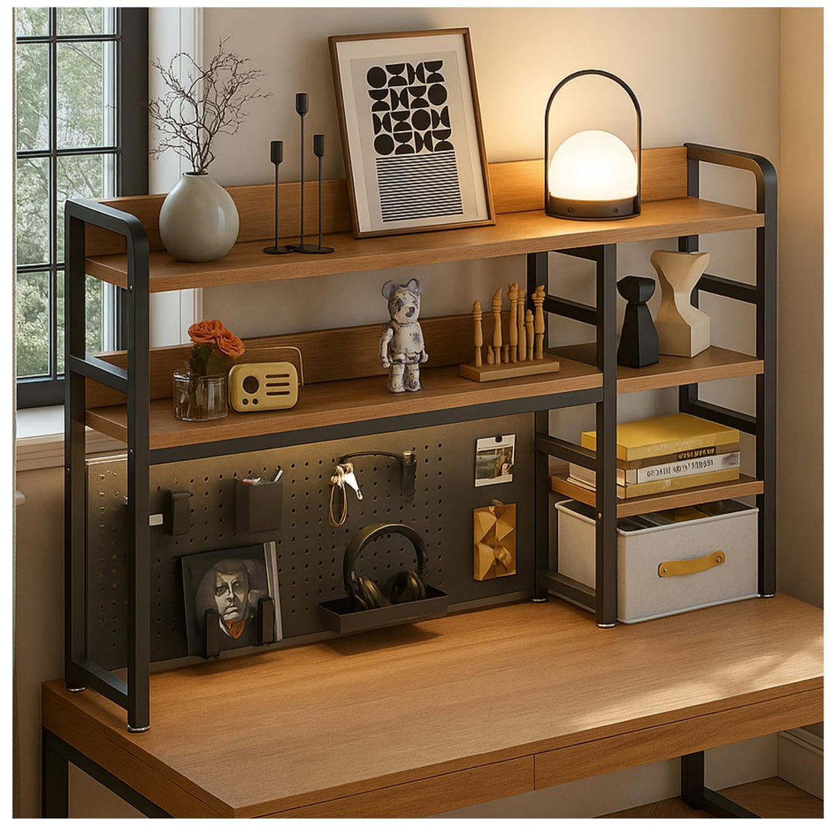 Desktop Bookshelf, pegboard Storage and Organization Rack, Dorm Desk Shelf, Desk Hutch, Desktop Storage for Office, Study, Student Display Rack,Desktop Shelves (Black+Walnut 37.4" Lx9.9 Wx37 H)