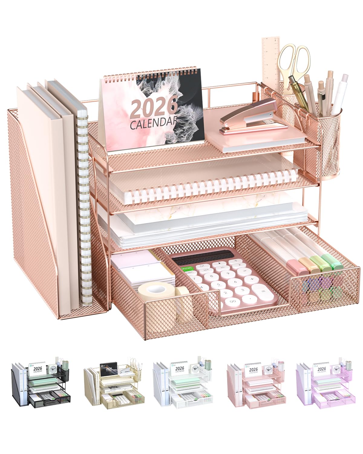 WALI Desk File Organizer, 4 Tier Desktop Paper Letter Tray Organizer with Drawer and 2 Pen Holders, Office Desk Accessories & Workspace Organizers for Office, Home, School Supplies, 1 Pack, Gold