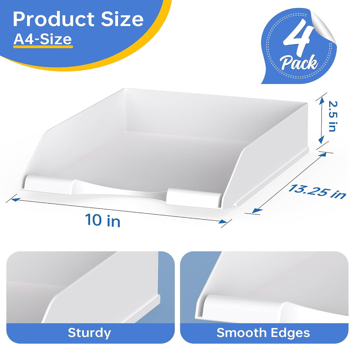 4 Pack Stackable Paper Trays for Letter Documents, Desktop File Organizers for Office Supplies, Stackable Desk Tray Holder for Paper Storage, Black