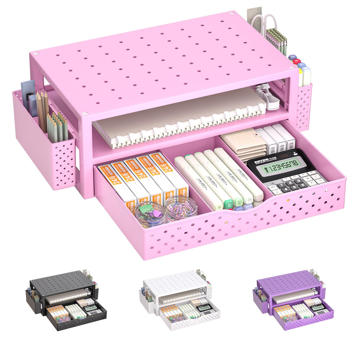WALI Desk File Organizer, 4 Tier Desktop Paper Letter Tray Organizer with Drawer and 2 Pen Holders, Office Desk Accessories & Workspace Organizers for Office, Home Supplies(DO005DH-W), 1 Pack, White