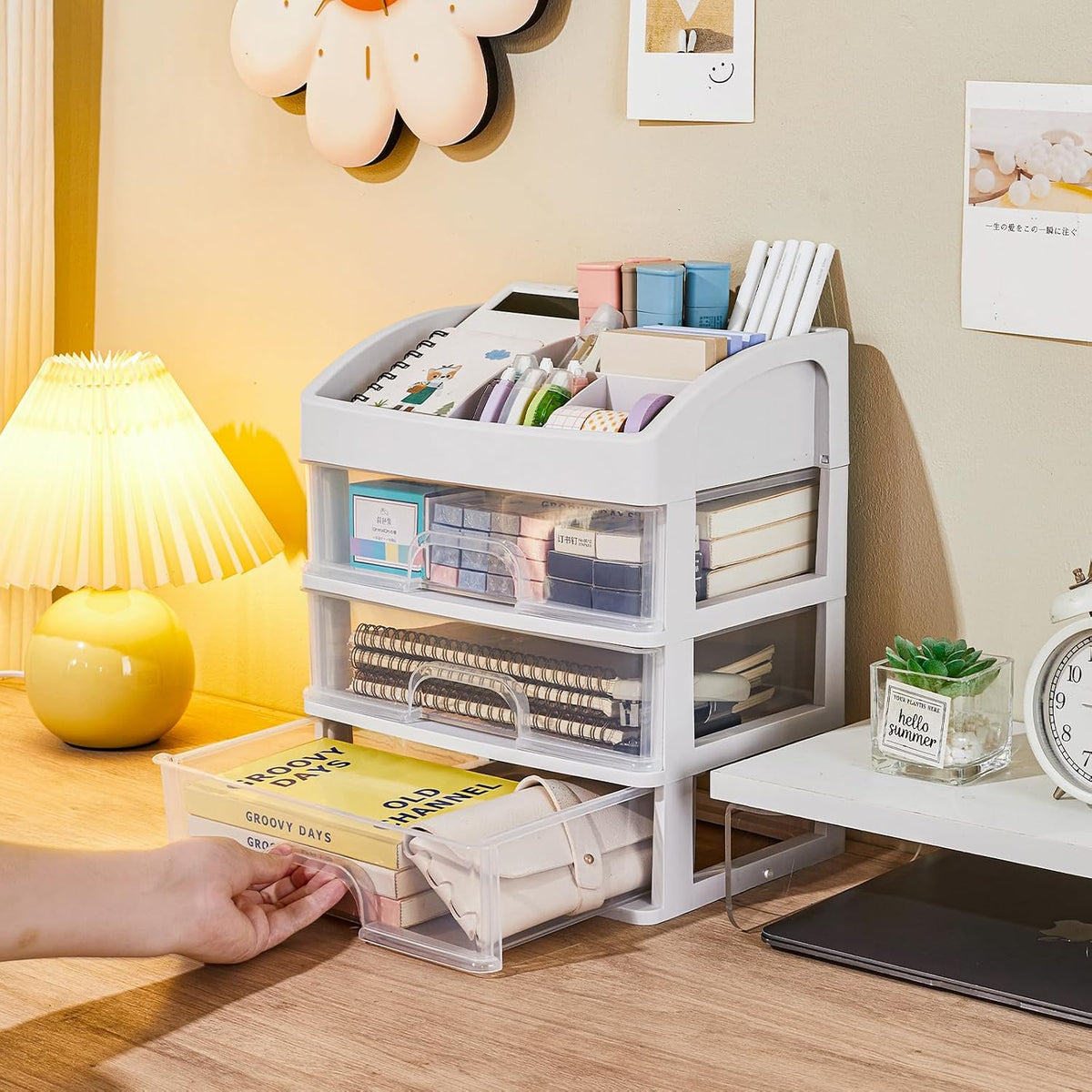 Desk Organizer with Drawers, 3 Drawers Storage Organizer, Desktop Storage Drawers for Office/School Supplies, Plastic Stationary Makeup Organizer, Desk Storage Box for Office, School, Home