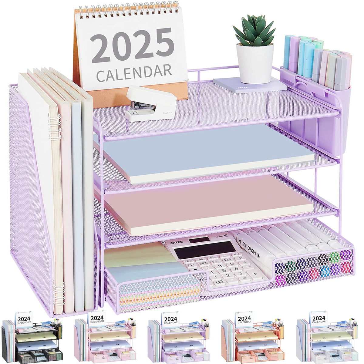 OPNICE Desk Organizers and Accessories, 4-Tier Desktop File Organizer with Drawer and Pen Holders, Office Desk Accessories Workspace Organizers for Office Supplies (Gold)