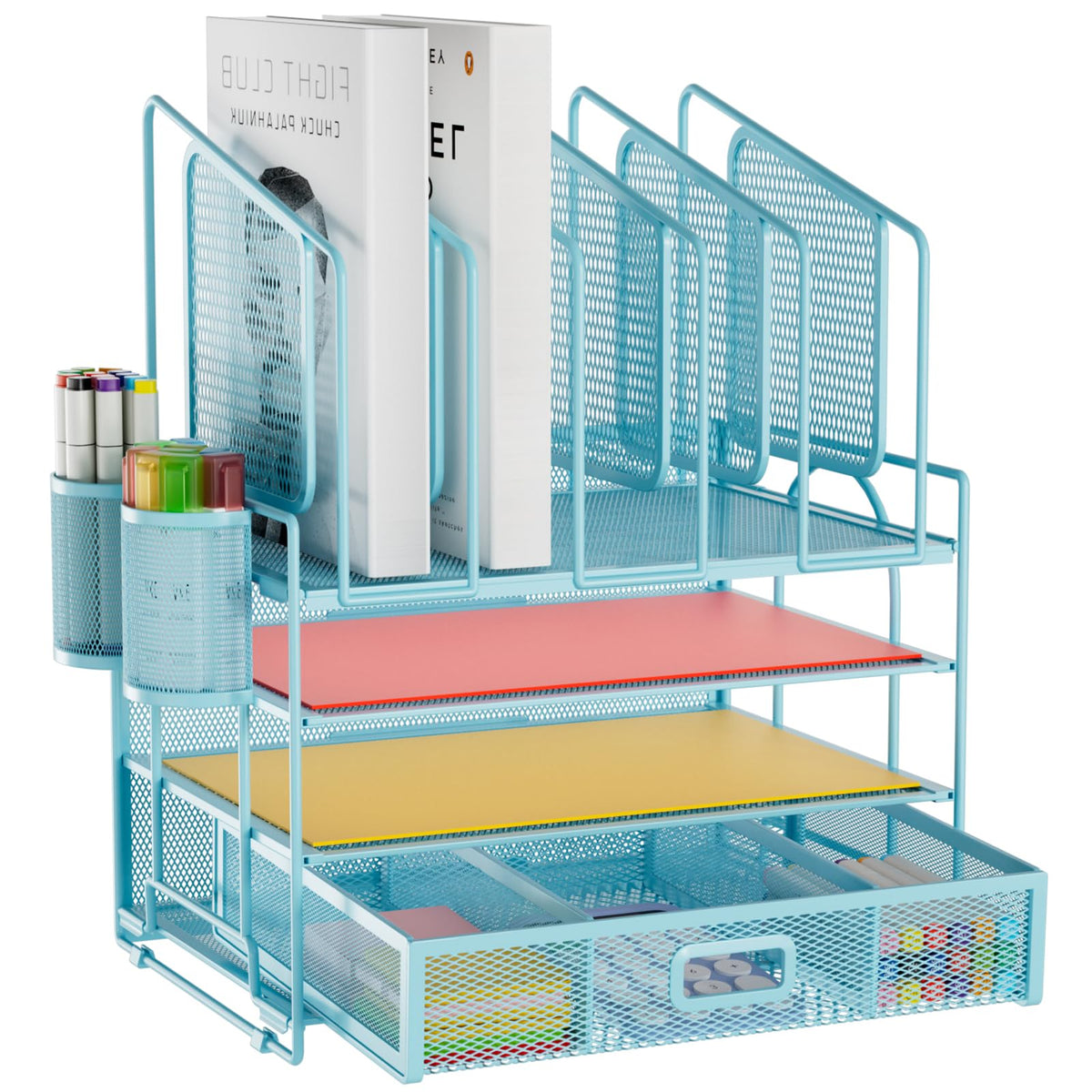 Marbrasse Desk organizer with Drawer, 4-Tier Mesh File Organizer with 5 Vertical File Holders and 2 Pen Holders, Multifunction Desktop Organizer,Desk Organizers and Accessories for Home Office
