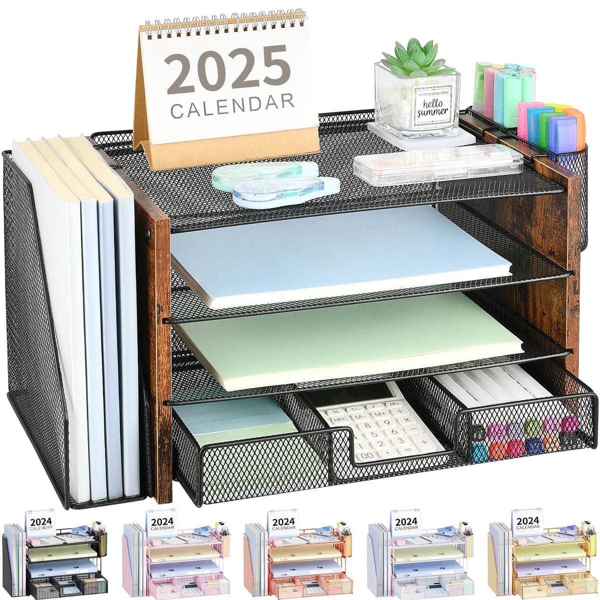 OPNICE Desk Organizers and Accessories, 4-Tier Desktop File Organizer with Drawer and Pen Holders, Office Desk Accessories Workspace Organizers for Office Supplies (Gold)