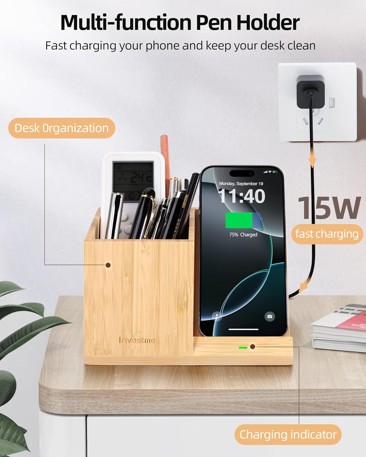 3-in-1 Bamboo Wireless Charger with Desk Organizer, Pen Holder for Desk