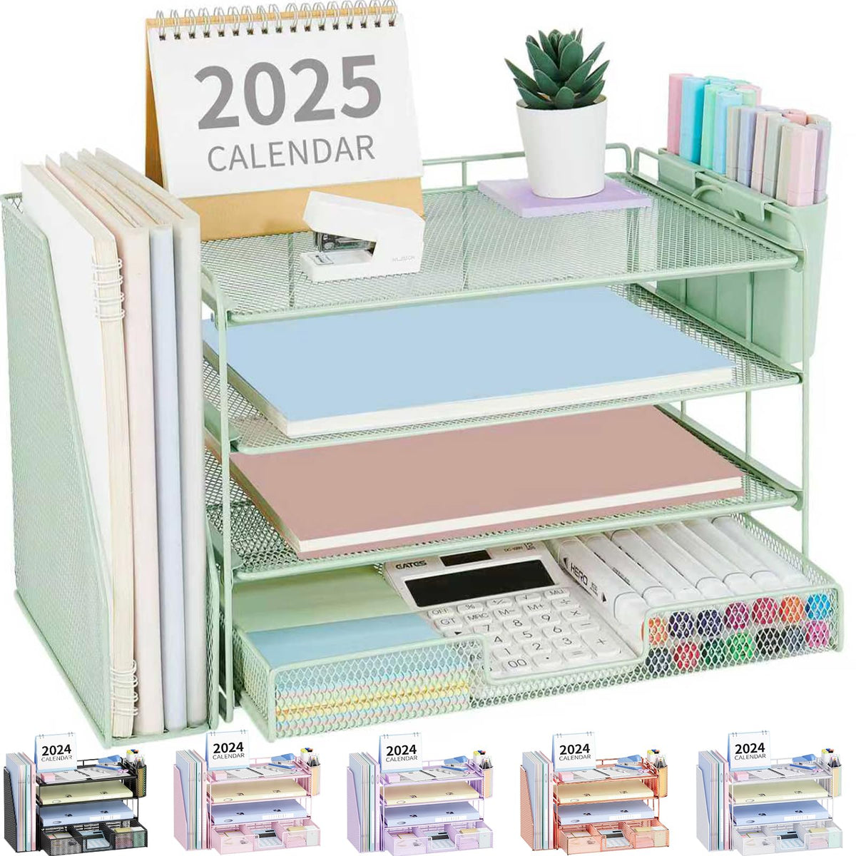 OPNICE Desk Organizers and Accessories, 4-Tier Desktop File Organizer with Drawer and Pen Holders, Office Desk Accessories Workspace Organizers for Office Supplies (Gold)