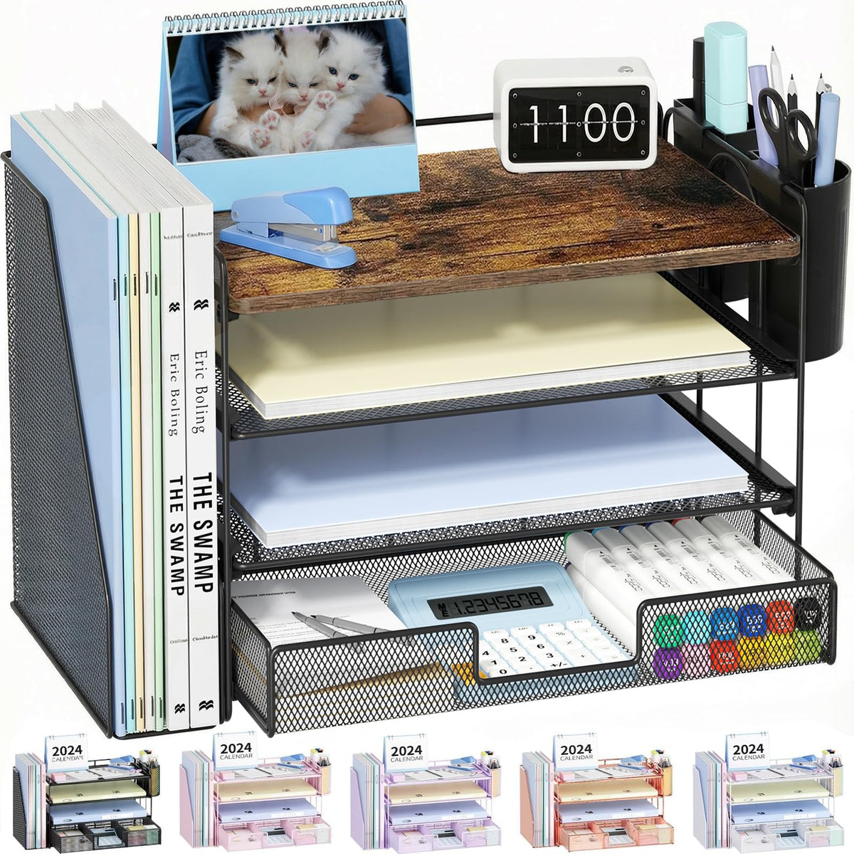OPNICE Desk Organizers and Accessories, 4-Tier Desktop File Organizer with Drawer and Pen Holders, Office Desk Accessories Workspace Organizers for Office Supplies (Gold)