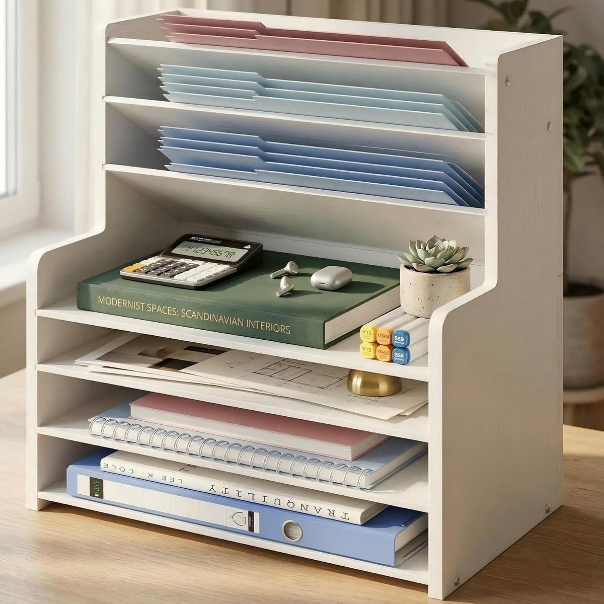 7 Tier White Desk Organizer for Office Organization, Wood Paper Organizer for Desk, Vertical Desktop File Folder Holder & Letter Tray, Aesthetic School Storage Orgnizer Shlef
