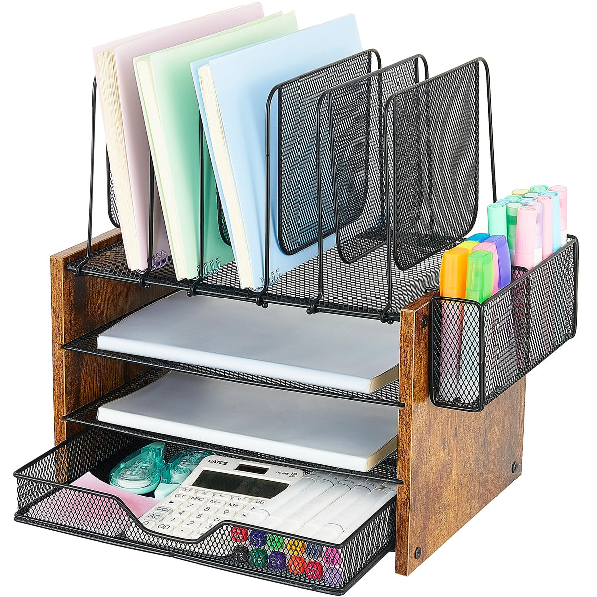 OPNICE Desk Organizers and Accessories, 4-Tier Desktop File Organizer with Drawer and Pen Holders, Office Desk Accessories Workspace Organizers for Office Supplies (Gold)