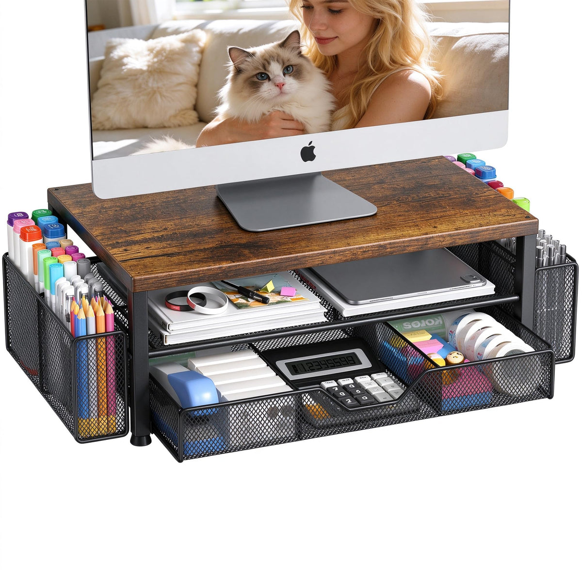 OPNICE Desk Organizers and Accessories, Computer Monitor Stand Riser with Drawer and 2 Pen Holders, Printer & Laptop Stand, Office Desk Accessories & Workspace Organizers for Home Office Supplies, Black