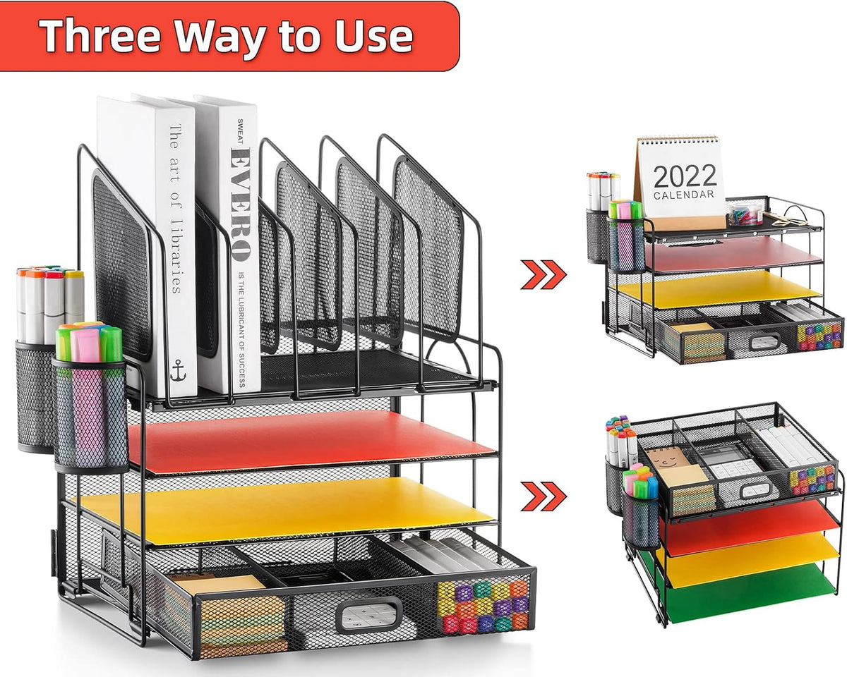 Marbrasse Desk organizer with Drawer, 4-Tier Mesh File Organizer with 5 Vertical File Holders and 2 Pen Holders, Multifunction Desktop Organizer,Desk Organizers and Accessories for Home Office