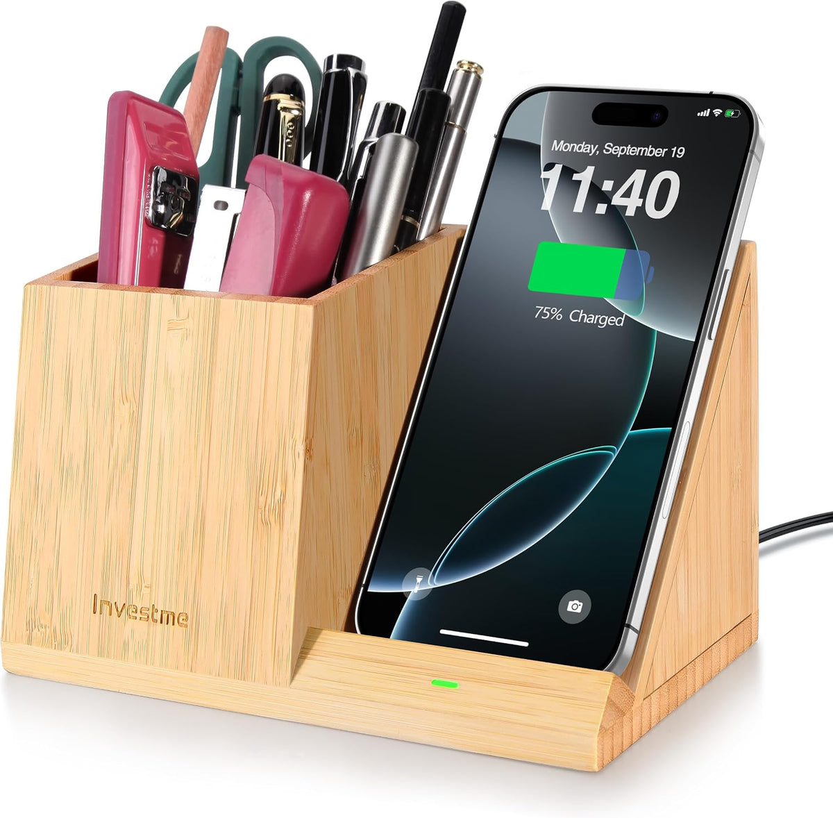 3-in-1 Bamboo Wireless Charger with Desk Organizer, Pen Holder for Desk