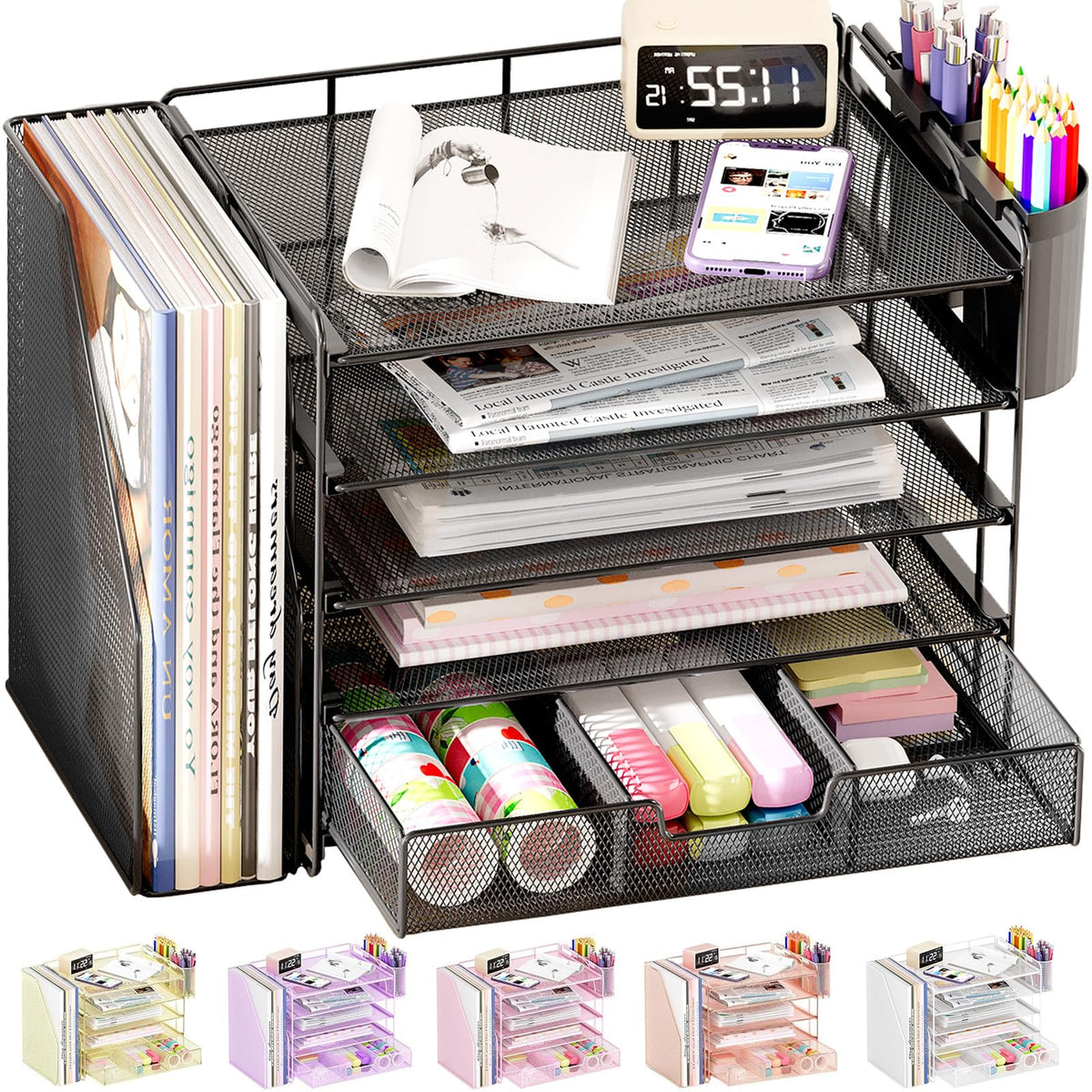 OPNICE Desk Organizers and Accessories, 4-Tier Desktop File Organizer with Drawer and Pen Holders, Office Desk Accessories Workspace Organizers for Office Supplies (Gold)
