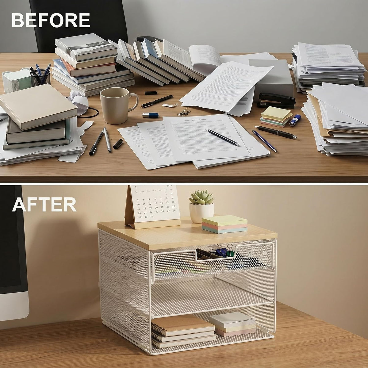 4-Tier Mesh Desk Organizer and Accessories with Drawer Wooden Top Desktop Organizers Letter Tray Paper Organizer File Holder for Home Office School White