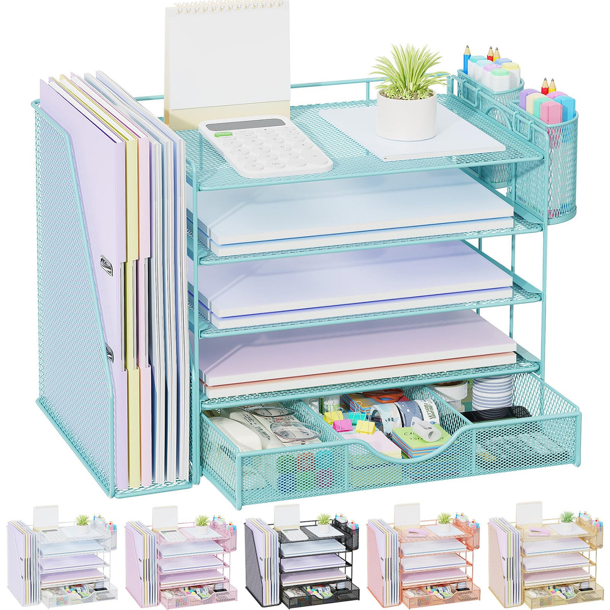 gianotter Desk Organizers and Accessories with File Holder, 4-Tier Desk Accessories & Workspace Organizers with Drawer and 2 Pen Holder, Paper Organizer for Office Supplies (Rose Gold)