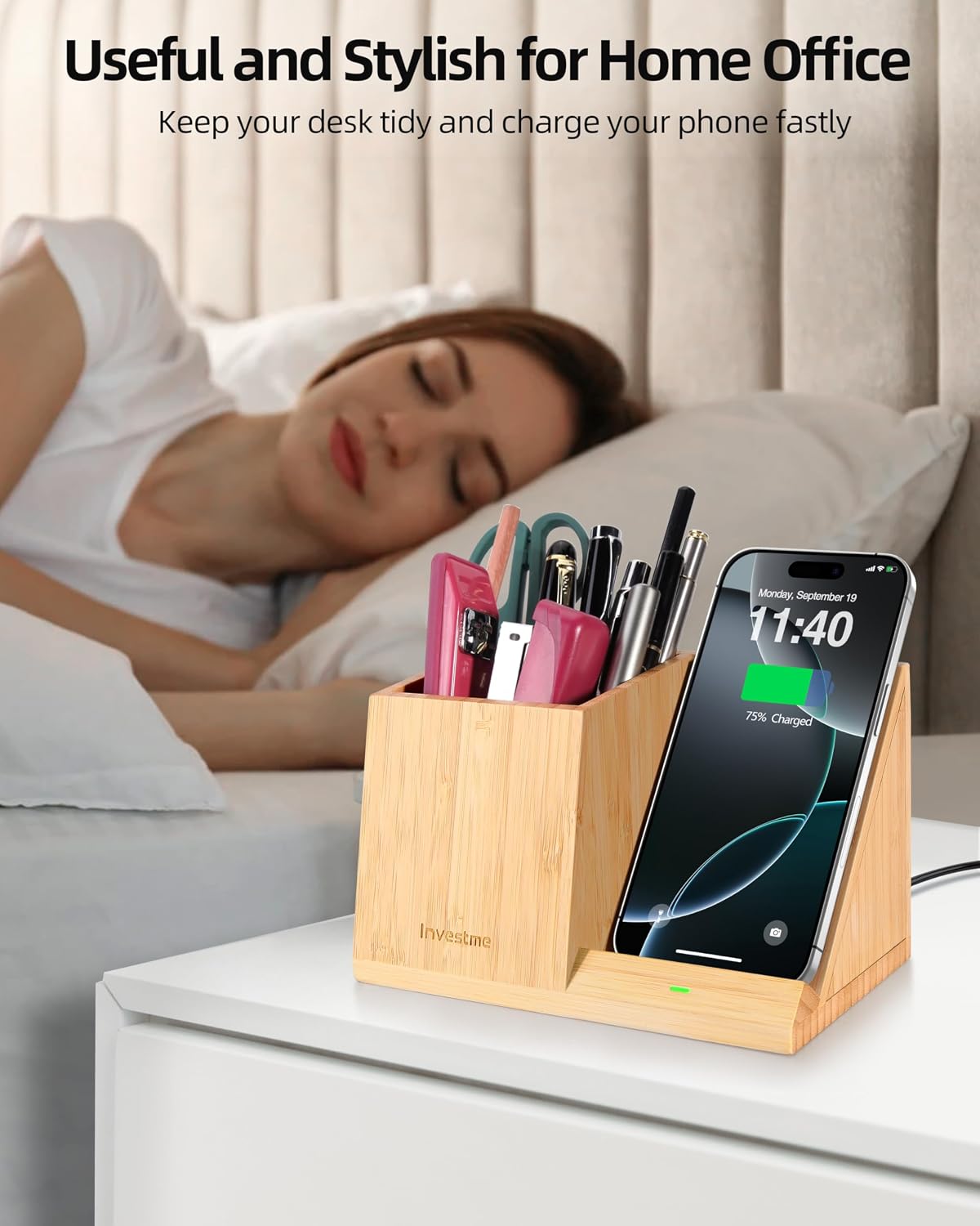 3-in-1 Bamboo Wireless Charger with Desk Organizer, Pen Holder for Desk