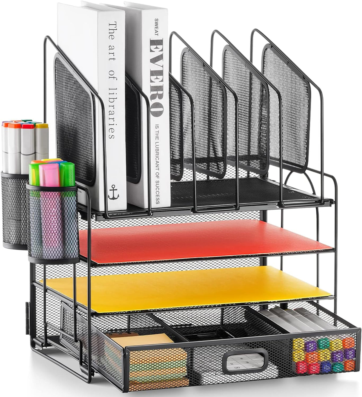Marbrasse Desk organizer with Drawer, 4-Tier Mesh File Organizer with 5 Vertical File Holders and 2 Pen Holders, Multifunction Desktop Organizer,Desk Organizers and Accessories for Home Office