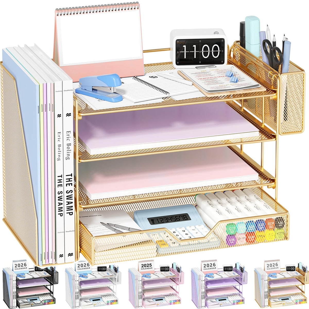 OPNICE Desk Organizers and Accessories, 4-Tier Desktop File Organizer with Drawer and Pen Holders, Office Desk Accessories Workspace Organizers for Office Supplies (Gold)