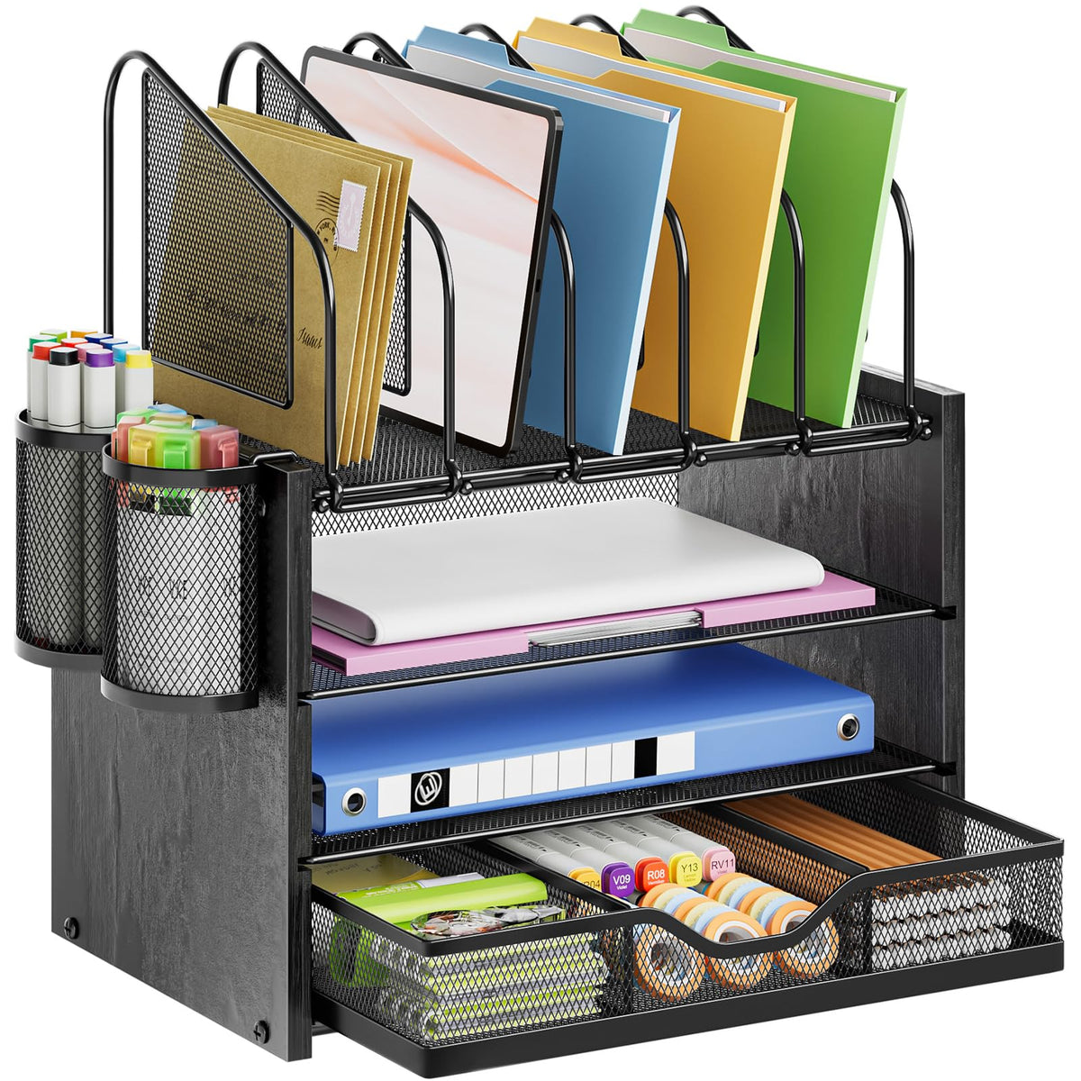 Marbrasse Desk organizer with Drawer, 4-Tier Mesh File Organizer with 5 Vertical File Holders and 2 Pen Holders, Multifunction Desktop Organizer,Desk Organizers and Accessories for Home Office