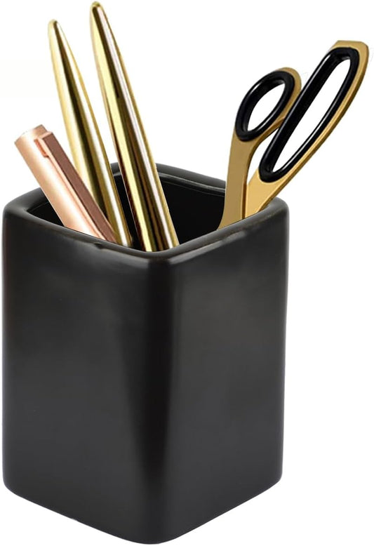 Square Ceramics Desk Pencil Holder for Men and Woman, Suitable for Offices and Homes(Black)