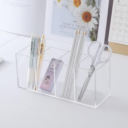 HSYMQ Acrylic Pen Holder 4 Compartments Clear Pencil Holder Organizer Makeup Brush Holder