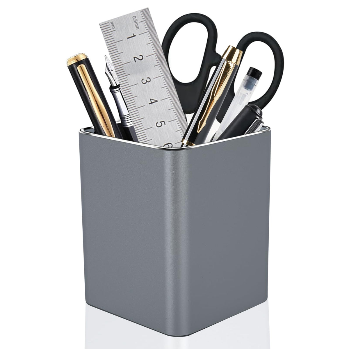 Metal Pen Holder Aluminum Pencil Holder Desktop Organizer Black for Office, School, Home 3.15 x 3.15 x 3.94 Inches-Grey