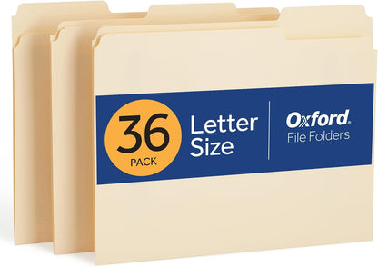 Oxford File Folders, 36 Pack, Letter Size (8.5" x 11"), 3 Tabs, Durable Manila Paper, for School, Office & Home Document Organization