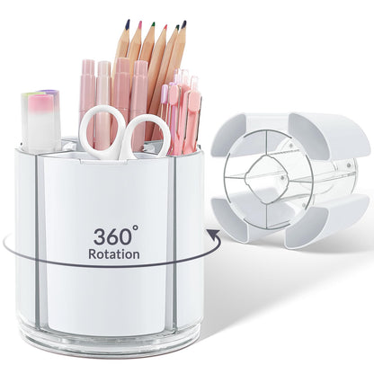 KONVINIT Pink Pen Holder for Desk, 5 Slots 360° Rotating Pen Organizer, Cute Desk Organizers and Accessories for School, Home, Office and Art Supply