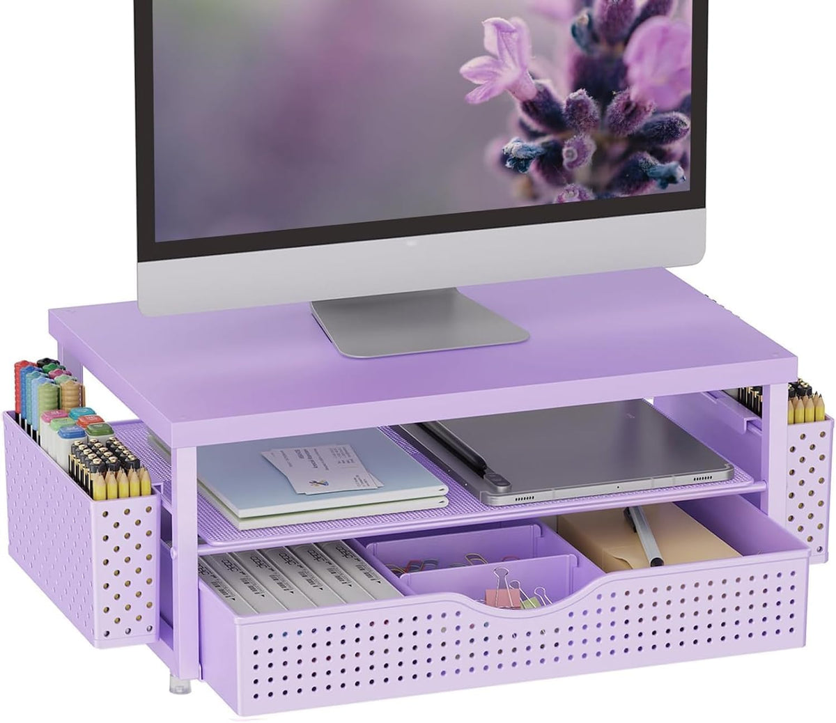 gianotter Desk Organizers and Accessories, Monitor Stand with Drawer and 2 Pen Holder, Desktop Organizer Suitable for Offices and Dormitories (Wood)