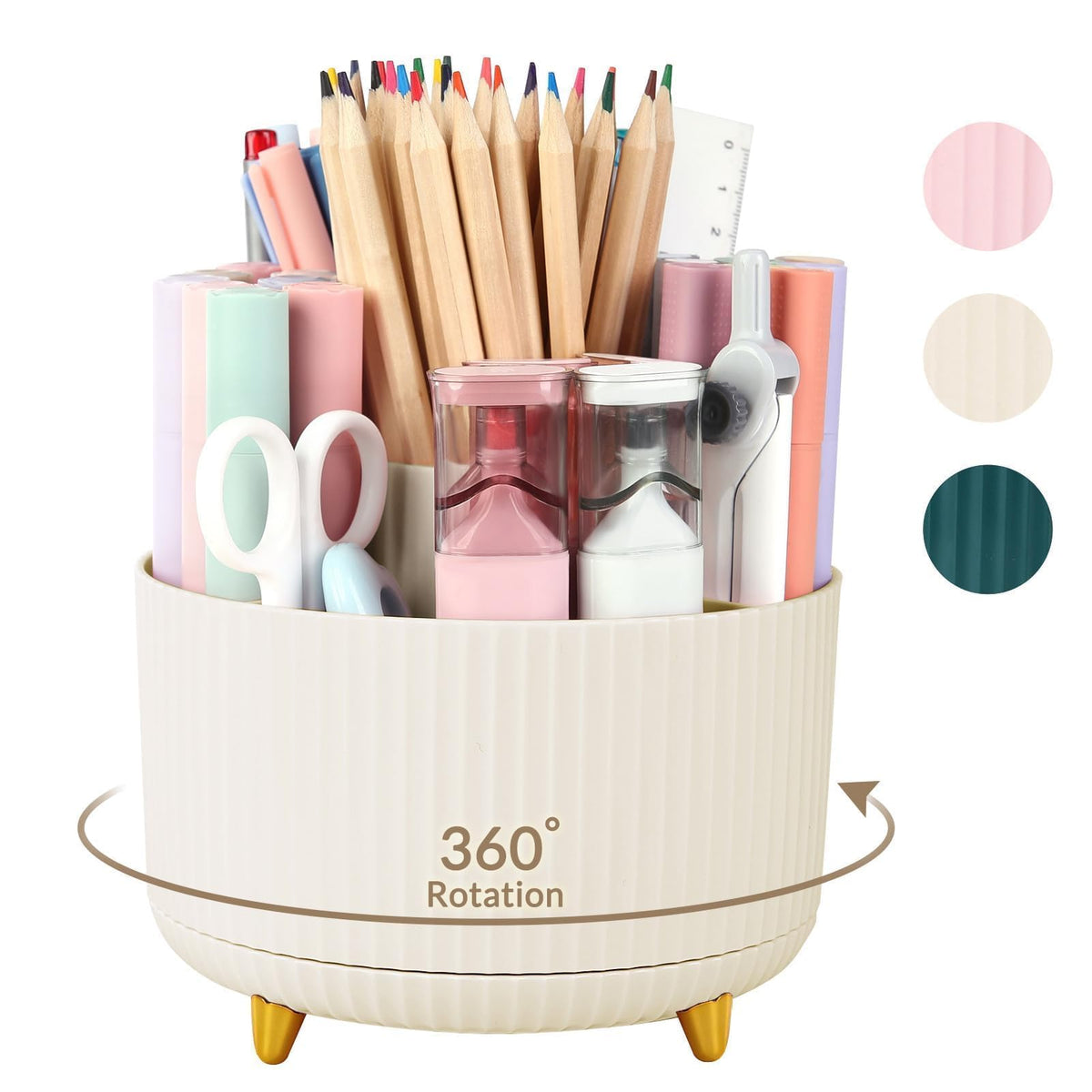 SKYDUE 360 Rotating Organizer - Dual-Purpose Pen & Pencil Holder with 5 Slots, Suitable for Office, School, or Home (White)